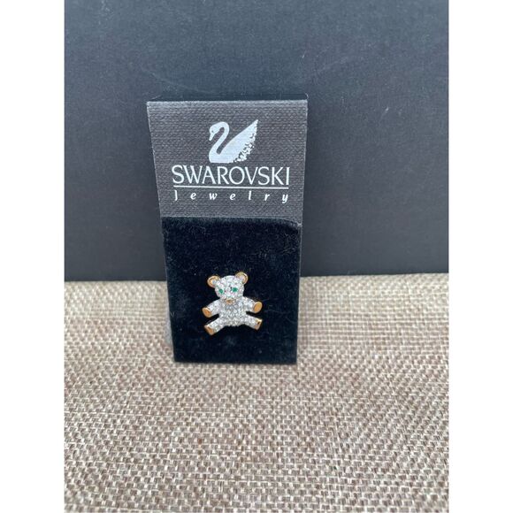 Swarovski Teddy Bear Pin Crystal Green Clear Gold Color Rhinestone - Picture 4 of 4
